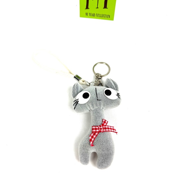 Cute Gray Cat Plush Keychain with Red Gingham Bow - Picture 2 of 9
